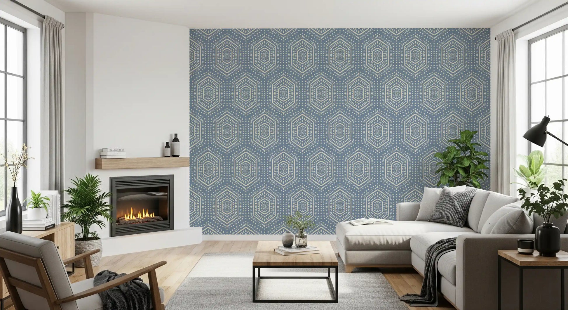Boho Painted - Abstract Mudcloth Hexagons Tribal Geometric Pattern Jeans Jacket Blue Wallpaper⁠