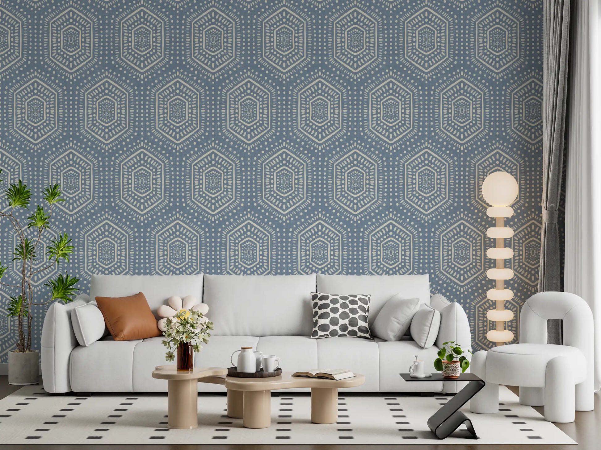 Boho Painted - Abstract Mudcloth Hexagons Tribal Geometric Pattern Jeans Jacket Blue Wallpaper⁠