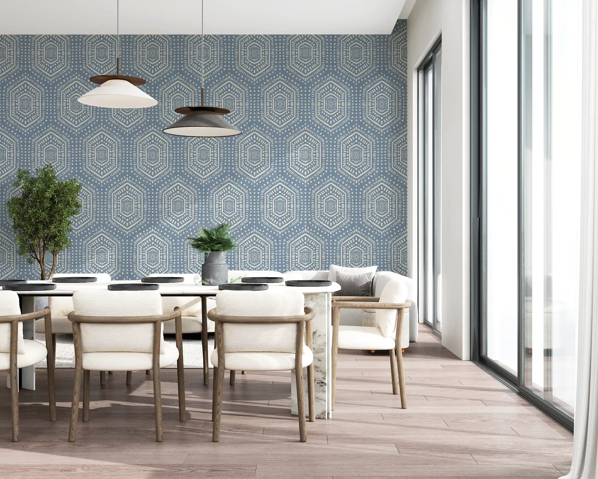 Boho Painted - Abstract Mudcloth Hexagons Tribal Geometric Pattern Jeans Jacket Blue Wallpaper⁠