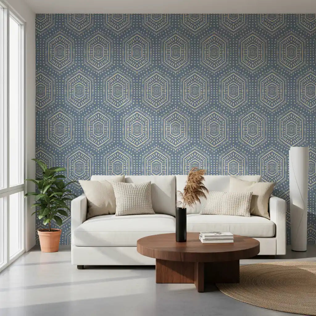 Slate blue boho hexagon wallpaper in a bright living room with a white sofa GD12652