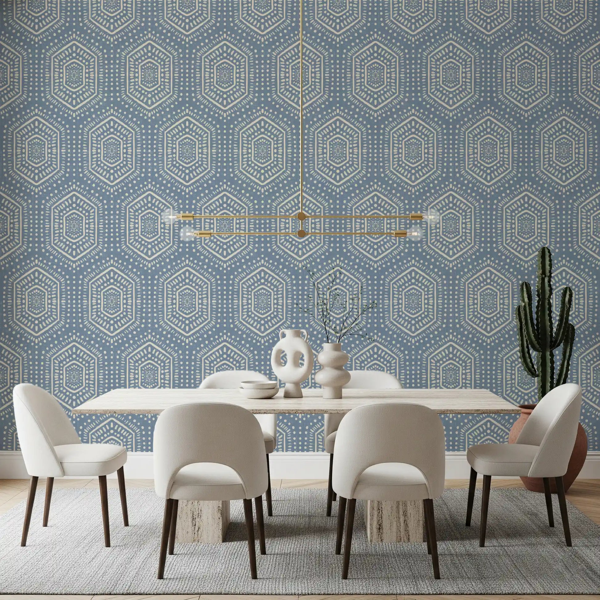 Boho Painted - Abstract Mudcloth Hexagons Tribal Geometric Pattern Jeans Jacket Blue Wallpaper⁠