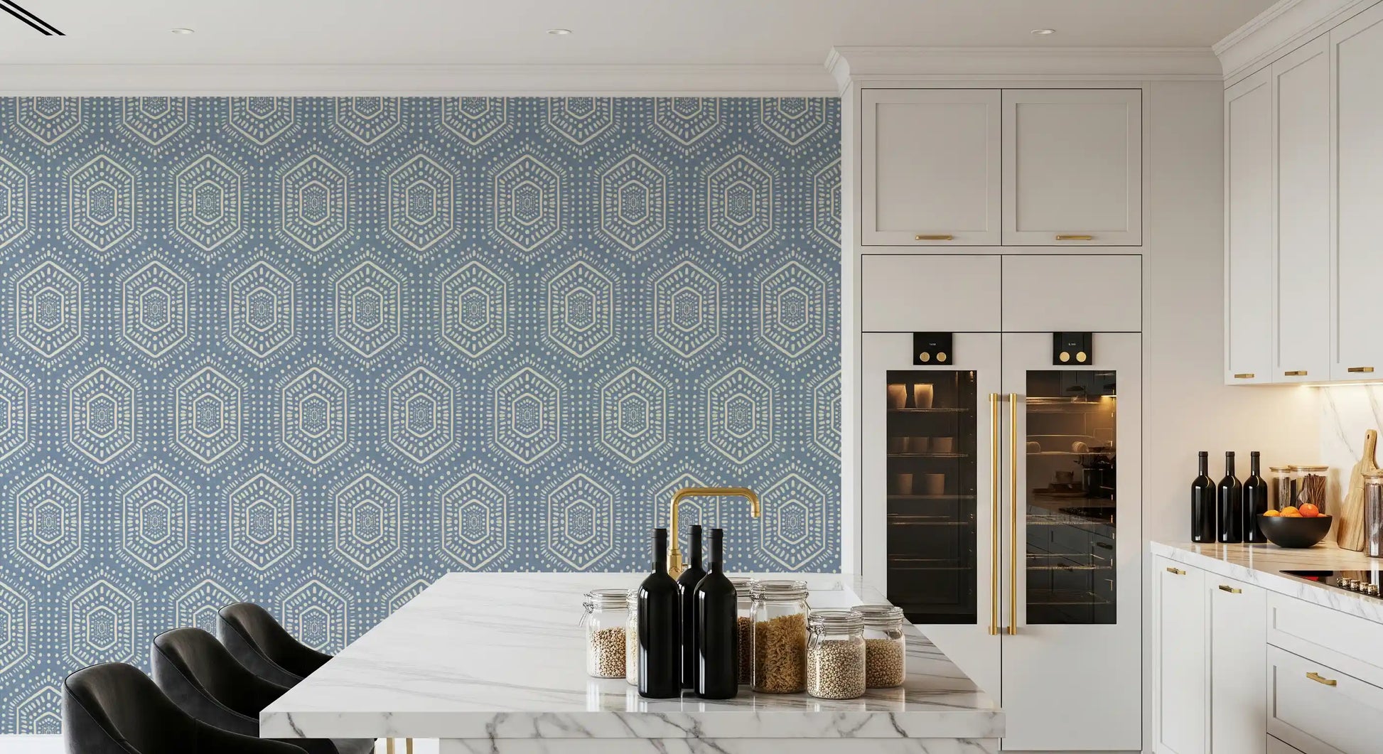 Boho Painted - Abstract Mudcloth Hexagons Tribal Geometric Pattern Jeans Jacket Blue Wallpaper⁠