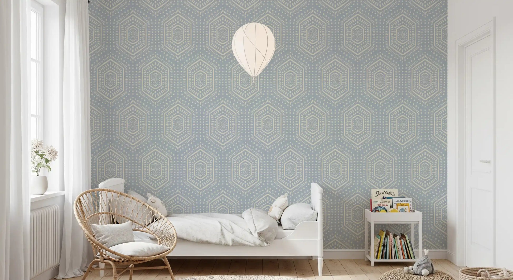 Boho Painted - Abstract Mudcloth Hexagons Tribal Geometric Pattern French Blue Wallpaper⁠