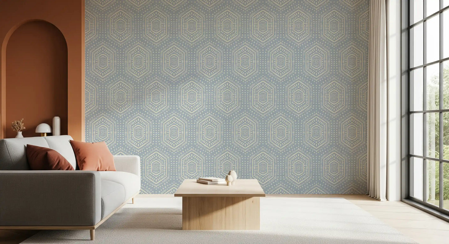 Boho Painted - Abstract Mudcloth Hexagons Tribal Geometric Pattern French Blue Wallpaper⁠