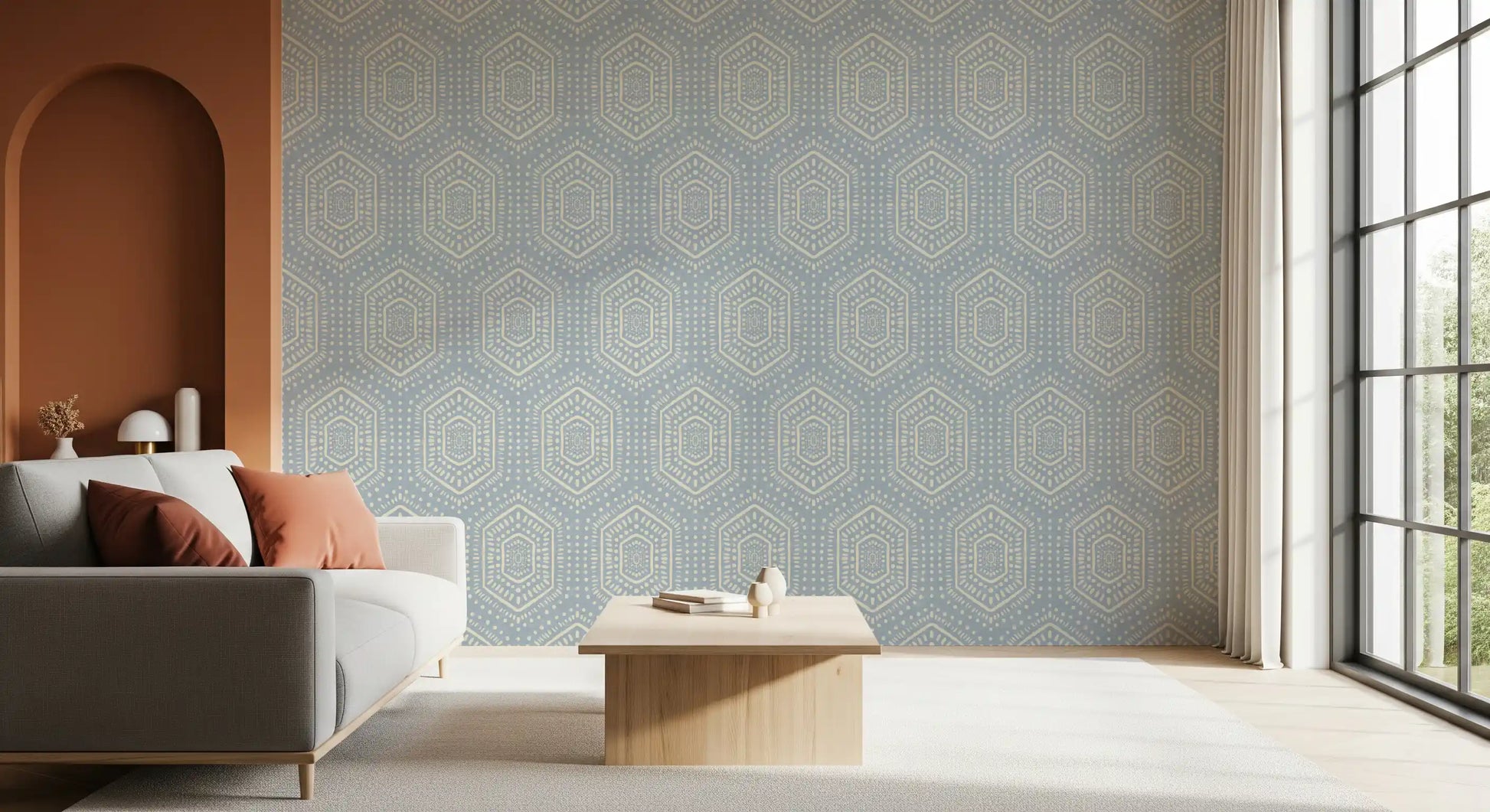 Boho Painted - Abstract Mudcloth Hexagons Tribal Geometric Pattern French Blue Wallpaper⁠