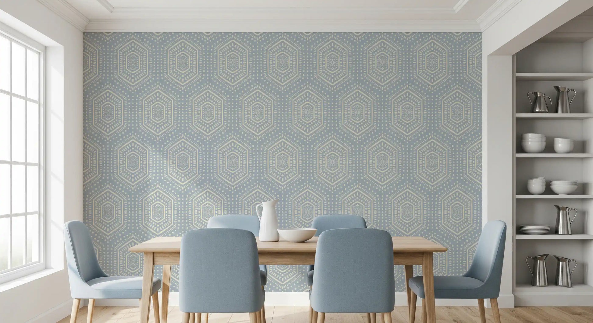 Boho Painted - Abstract Mudcloth Hexagons Tribal Geometric Pattern French Blue Wallpaper⁠