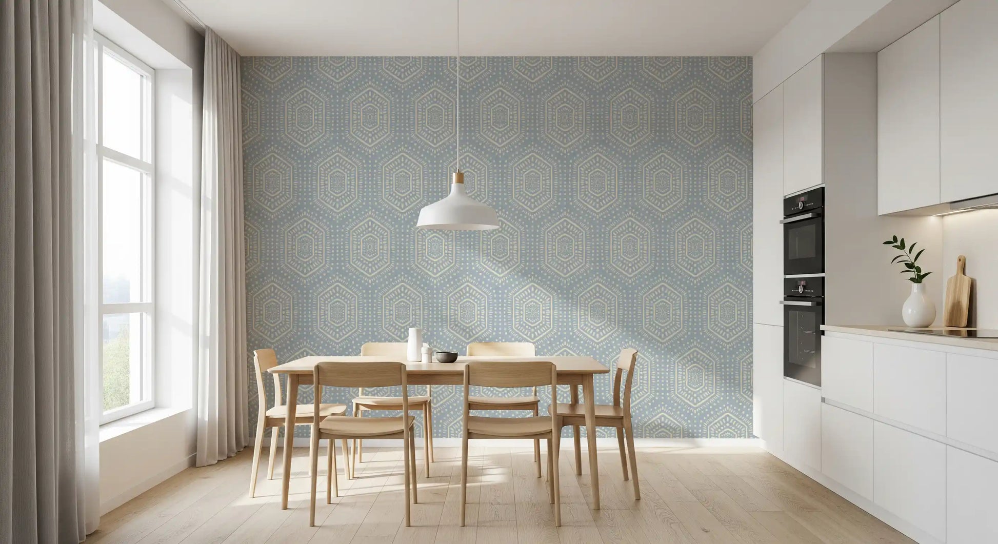 Boho Painted - Abstract Mudcloth Hexagons Tribal Geometric Pattern French Blue Wallpaper⁠