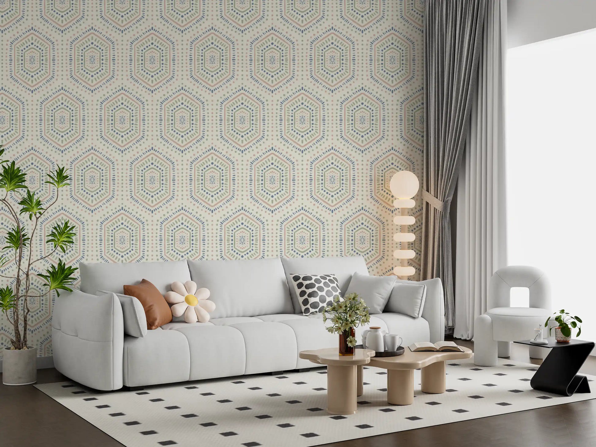 Boho Painted - Abstract Mudcloth Hexagons Tribal Geometric Pattern Grandmillennial Wallpaper⁠