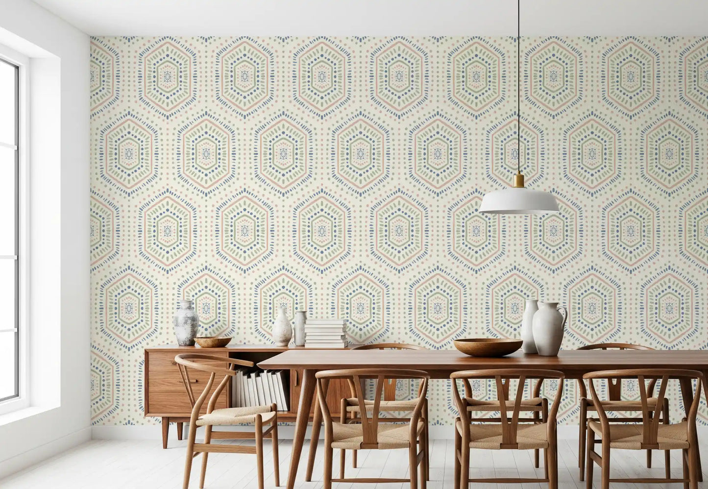 Boho Painted - Abstract Mudcloth Hexagons Tribal Geometric Pattern Grandmillennial Wallpaper⁠