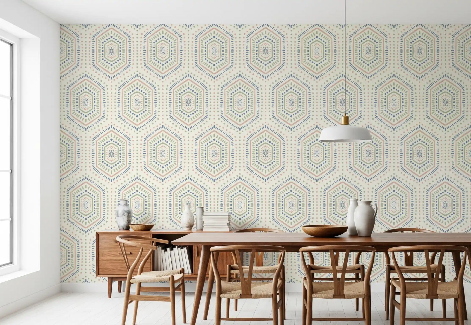 Boho Painted - Abstract Mudcloth Hexagons Tribal Geometric Pattern Grandmillennial Wallpaper⁠