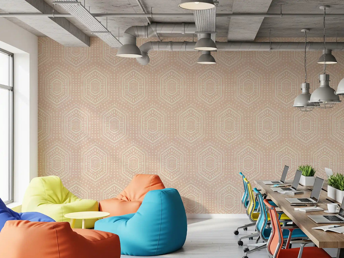 Boho Painted - Abstract Mudcloth Hexagons Tribal Geometric Pattern Cinnamon Tea Wallpaper⁠