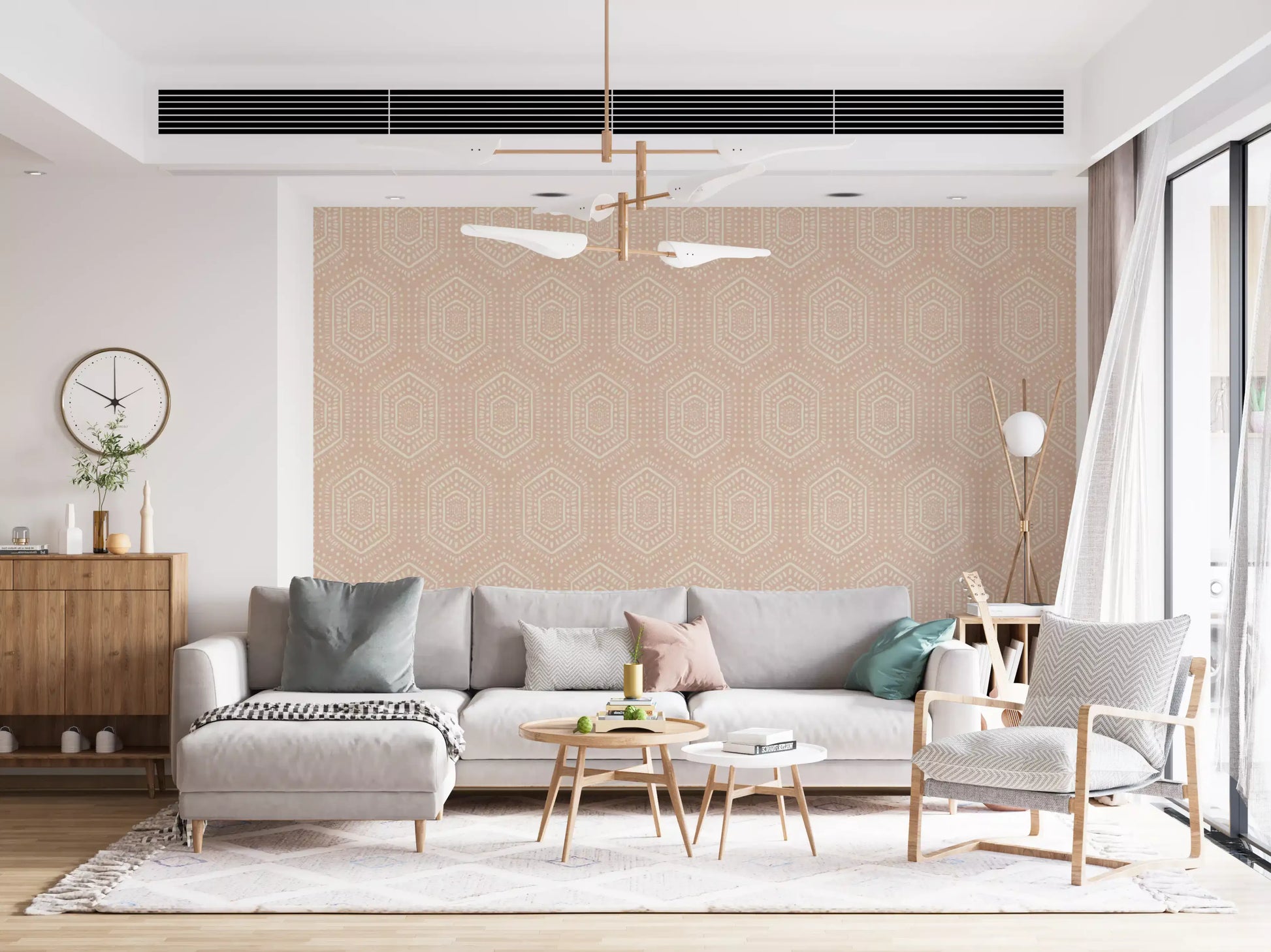 Boho Painted - Abstract Mudcloth Hexagons Tribal Geometric Pattern Cinnamon Tea Wallpaper⁠