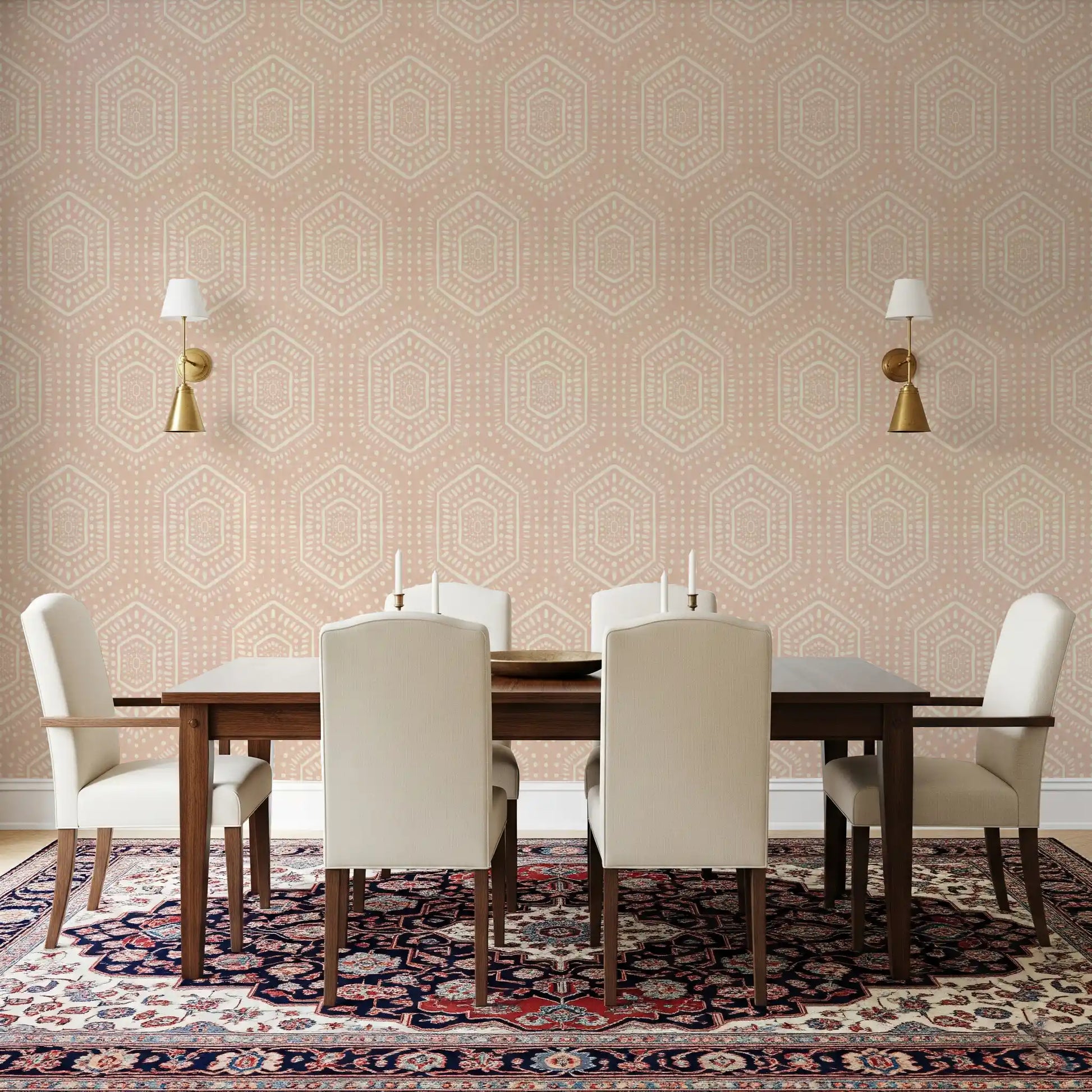 Boho Painted - Abstract Mudcloth Hexagons Tribal Geometric Pattern Cinnamon Tea Wallpaper⁠