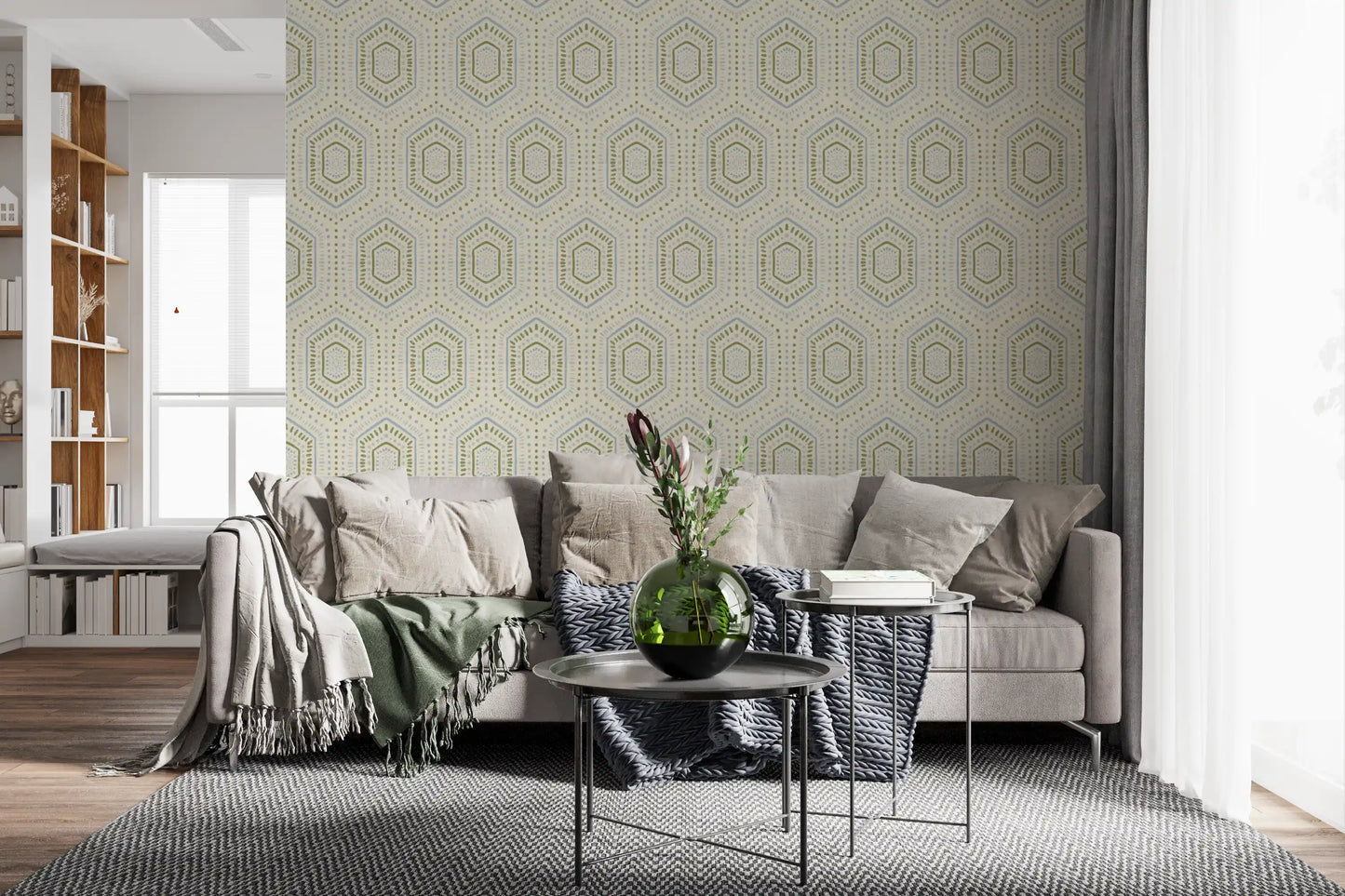 Boho Painted - Abstract Mudcloth Hexagons Tribal Geometric Pattern French Wallpaper⁠