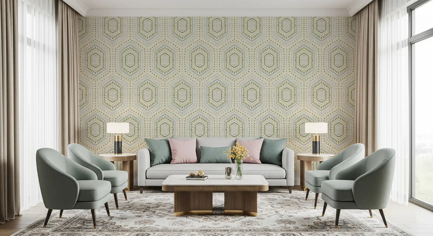 Boho Painted - Abstract Mudcloth Hexagons Tribal Geometric Pattern French Wallpaper⁠