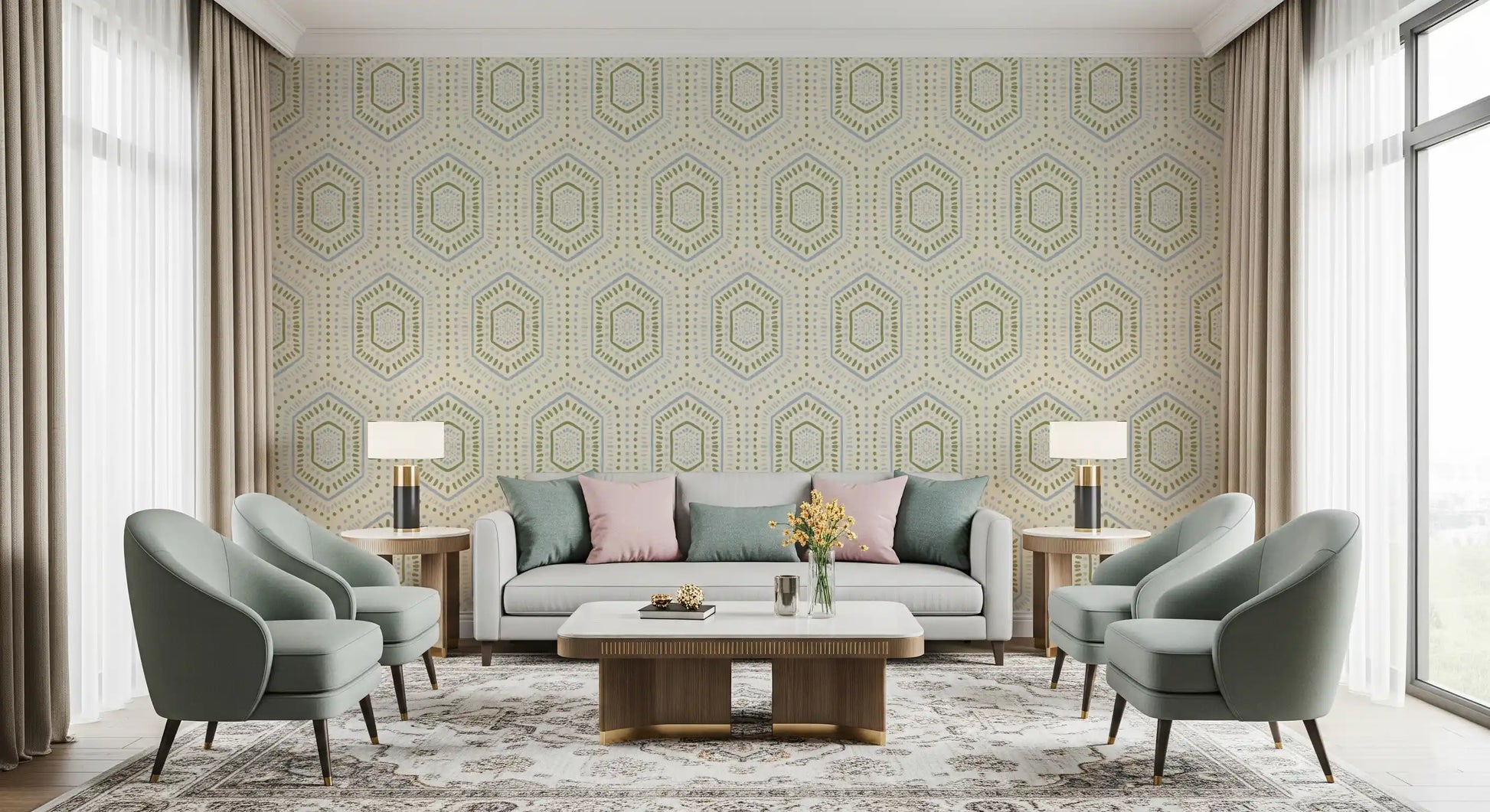 Boho Painted - Abstract Mudcloth Hexagons Tribal Geometric Pattern French Wallpaper⁠
