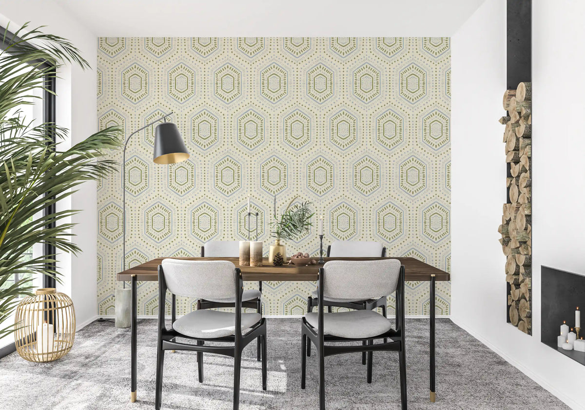 Sage green boho hexagon wallpaper in a dining room with dark chairs GD12656