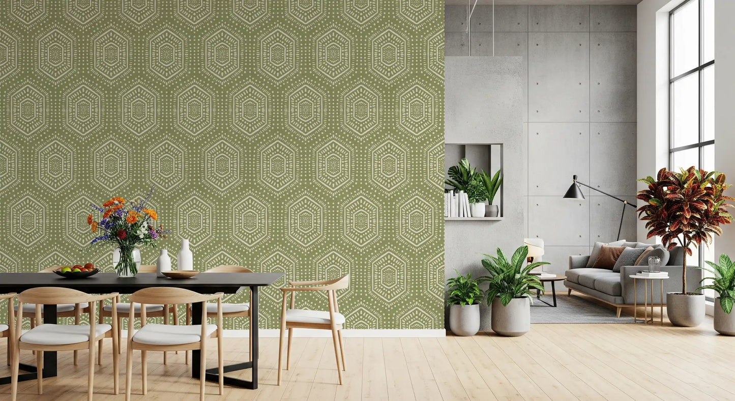 Boho Painted - Abstract Mudcloth Hexagons Tribal Geometric Pattern Meadow Green Wallpaper⁠