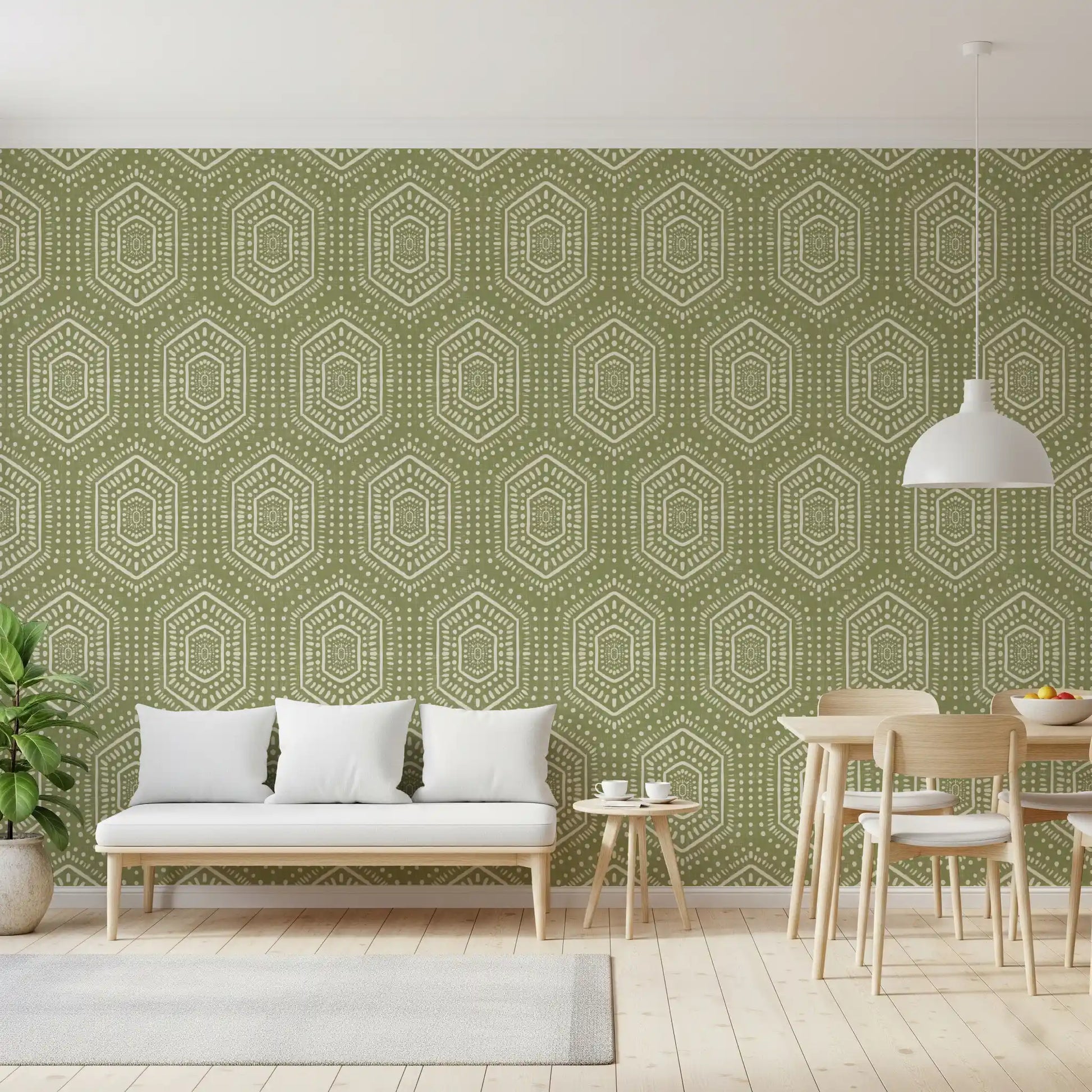 Boho Painted - Abstract Mudcloth Hexagons Tribal Geometric Pattern Meadow Green Wallpaper⁠