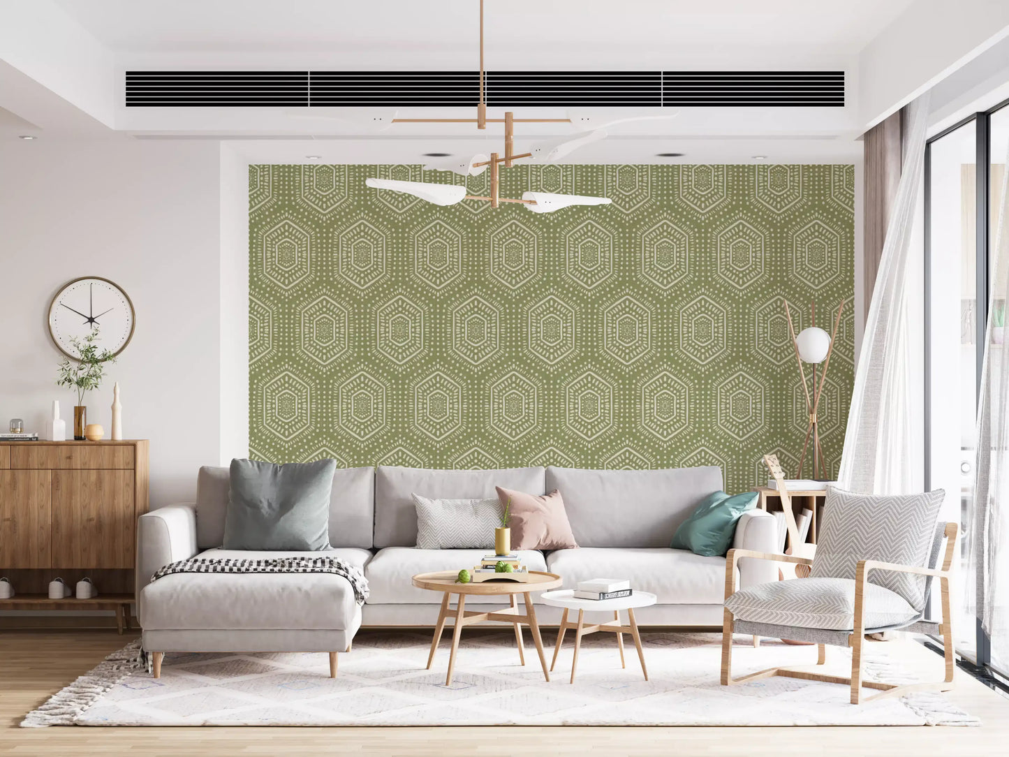 Boho Painted - Abstract Mudcloth Hexagons Tribal Geometric Pattern Meadow Green Wallpaper⁠