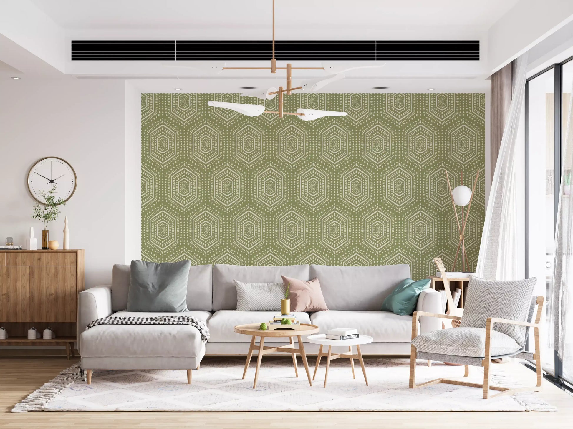 Boho Painted - Abstract Mudcloth Hexagons Tribal Geometric Pattern Meadow Green Wallpaper⁠