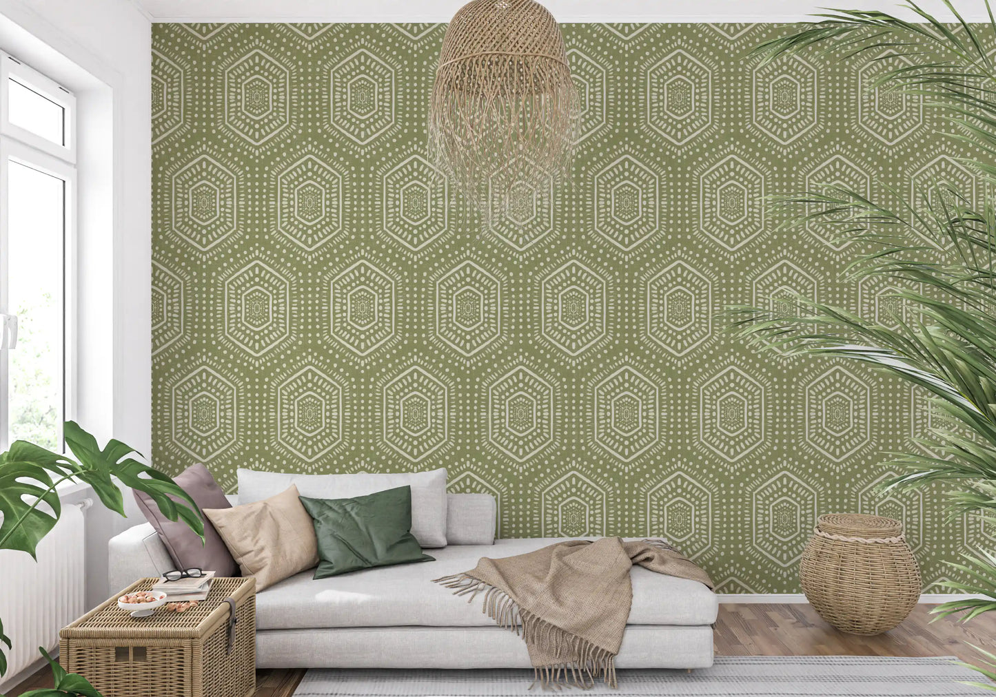 Boho Painted - Abstract Mudcloth Hexagons Tribal Geometric Pattern Meadow Green Wallpaper⁠