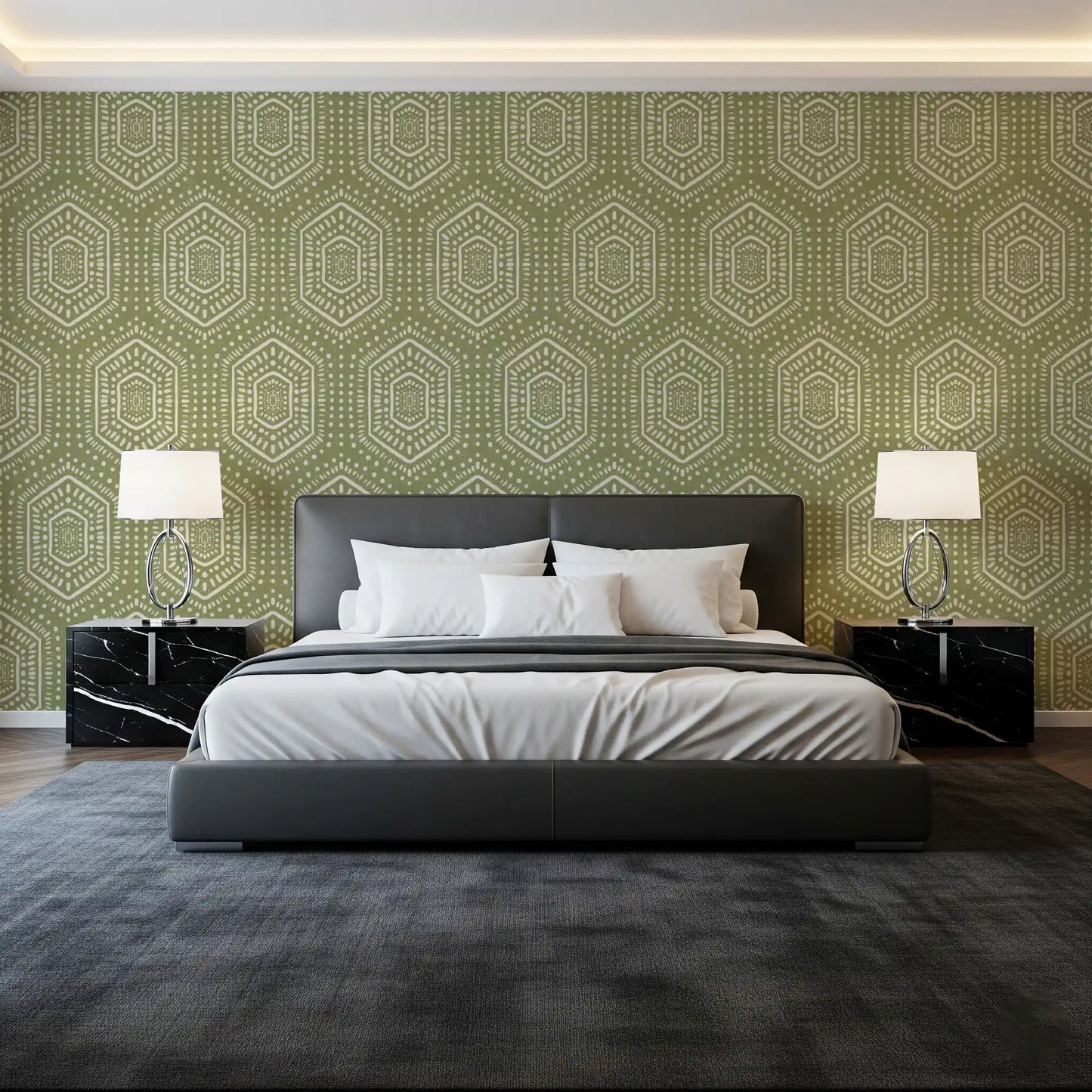 Boho Painted - Abstract Mudcloth Hexagons Tribal Geometric Pattern Meadow Green Wallpaper⁠