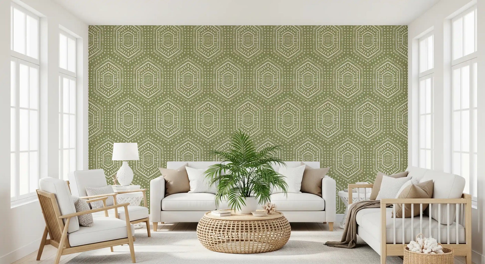 Boho Painted - Abstract Mudcloth Hexagons Tribal Geometric Pattern Meadow Green Wallpaper⁠