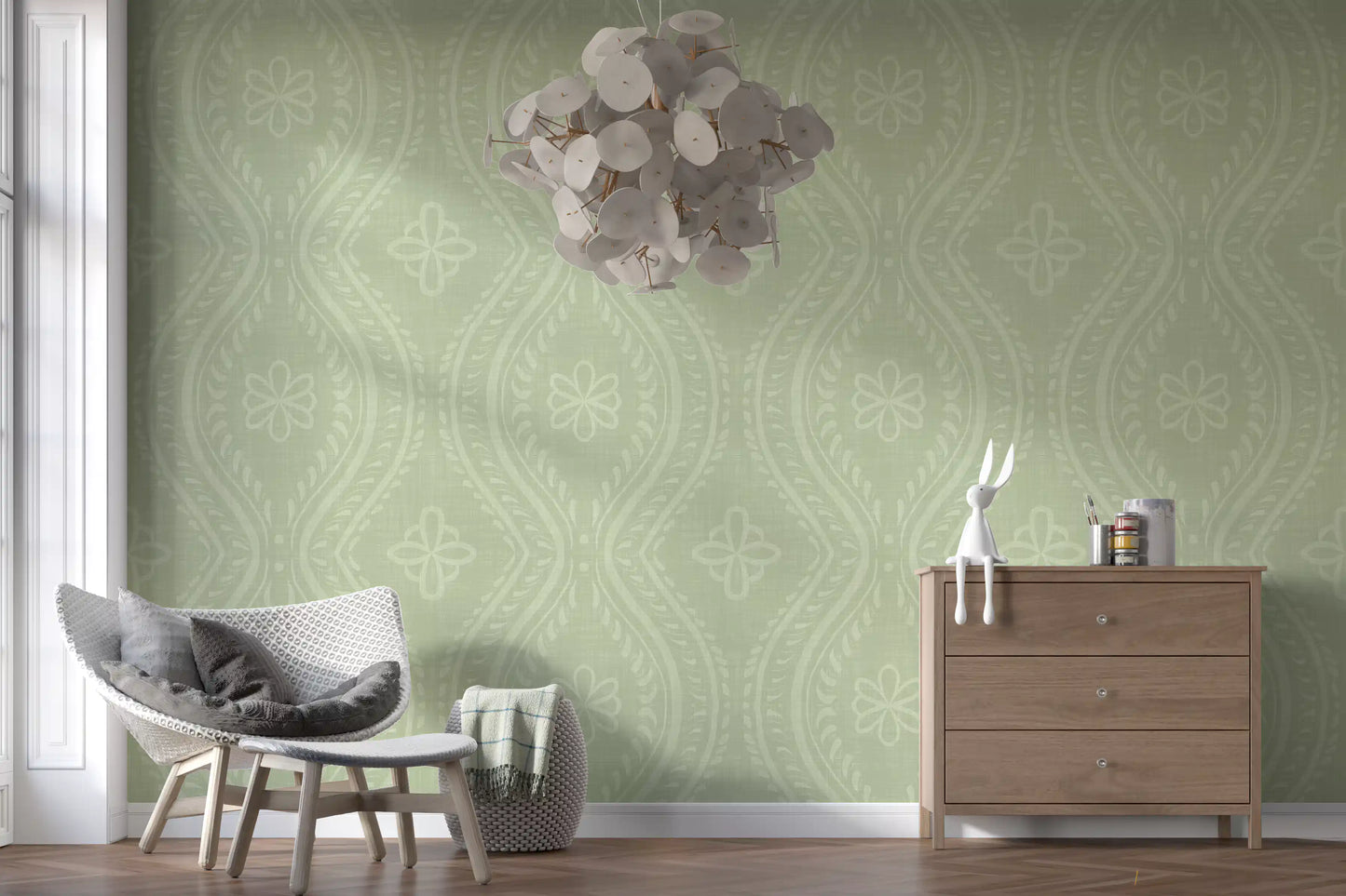 Faded Ogee Damask - Chopped Dill Wallpaper⁠