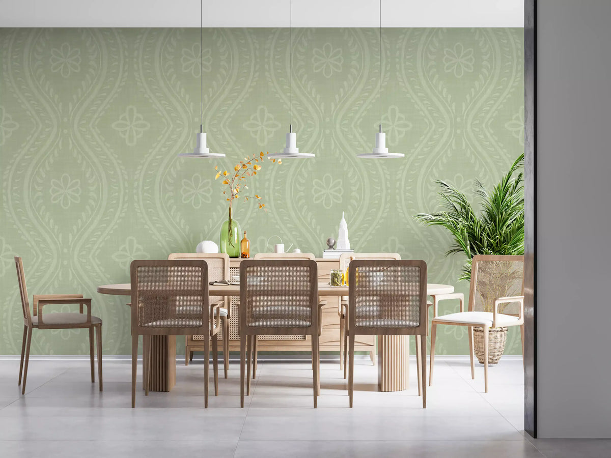 Dill green damask wallpaper in a dining room with cane chairs GD12658
