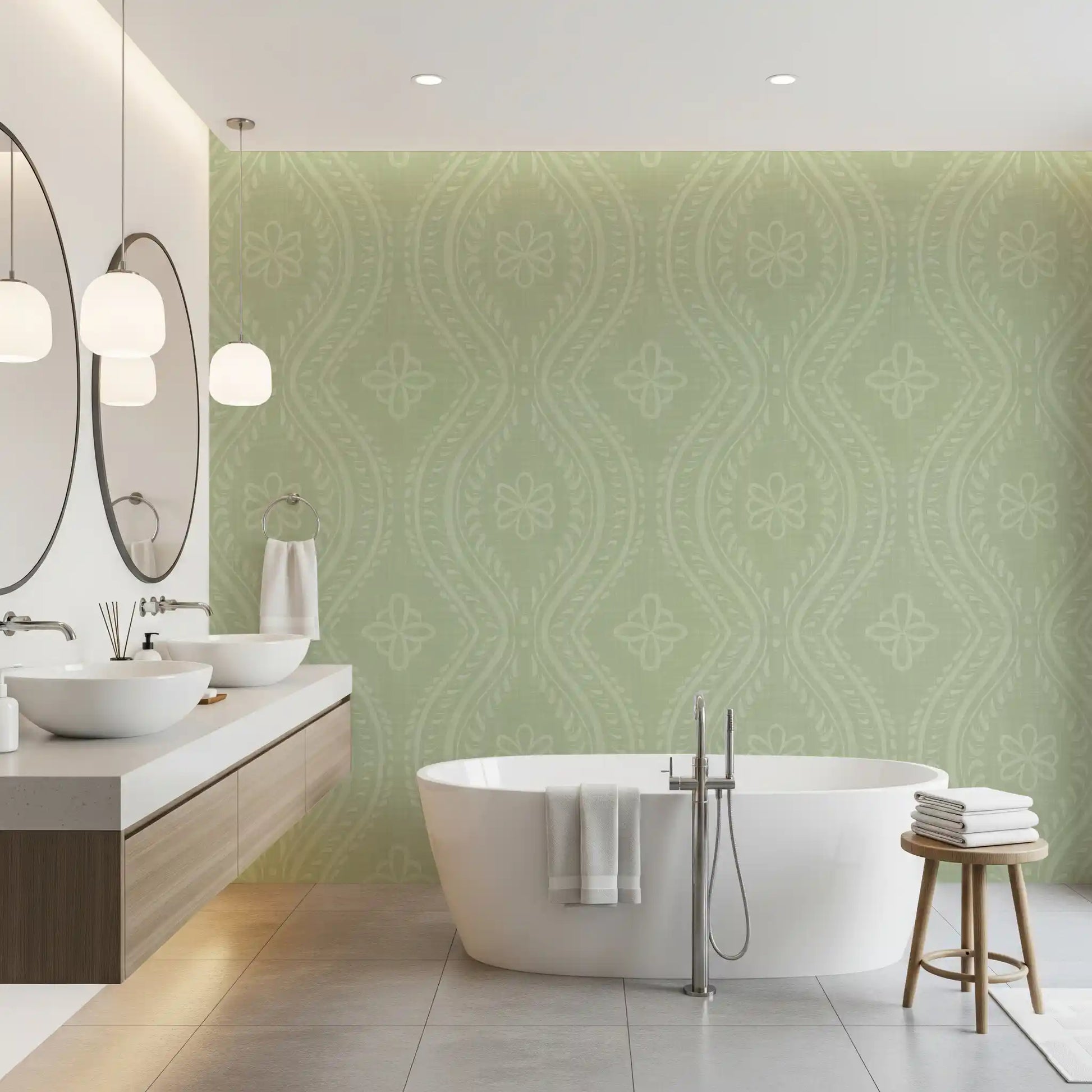Faded Ogee Damask - Chopped Dill Wallpaper⁠