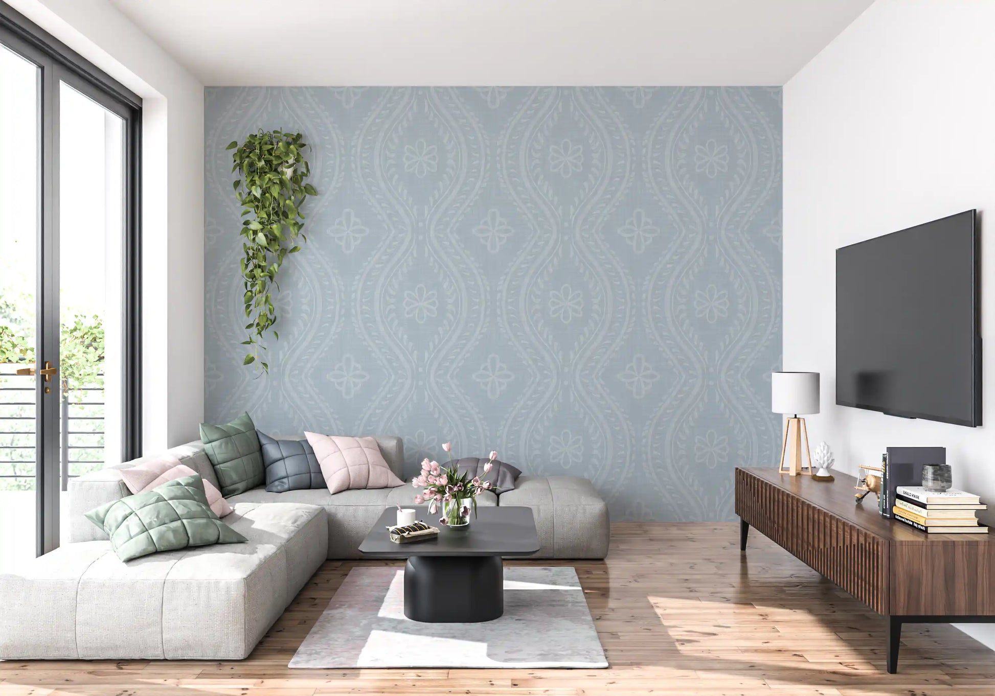 Faded Ogee Damask - French Blue Wallpaper⁠