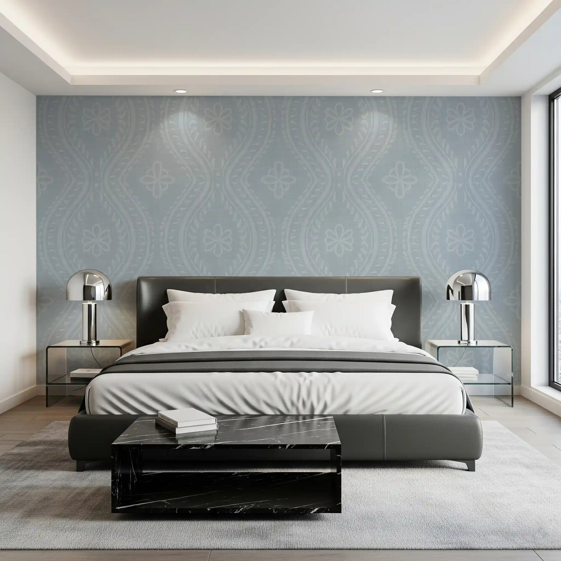 Faded Ogee Damask - French Blue Wallpaper⁠