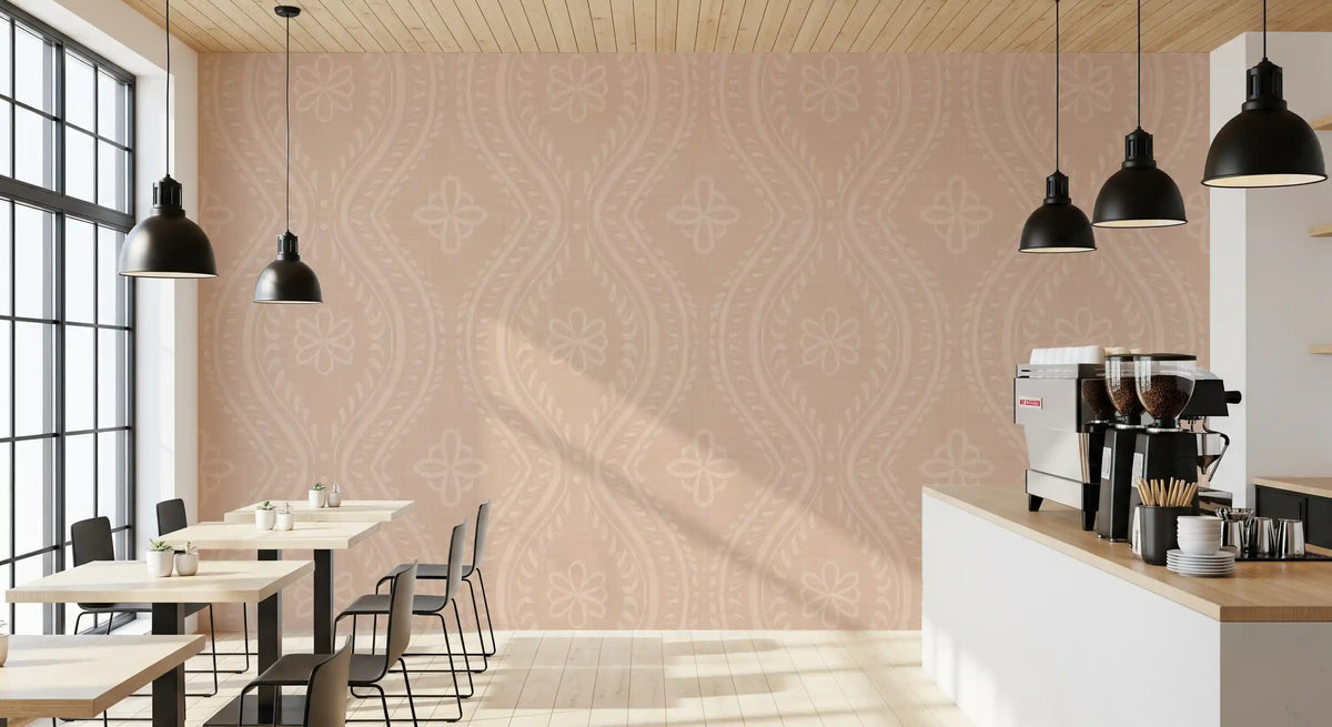 Blush damask wallpaper in a cafe with a coffee bar GD12660