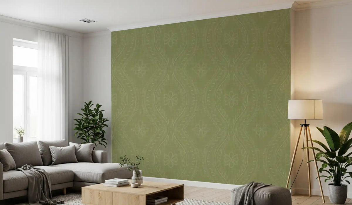 Meadow green damask wallpaper in a living room with a grey sofa GD12661