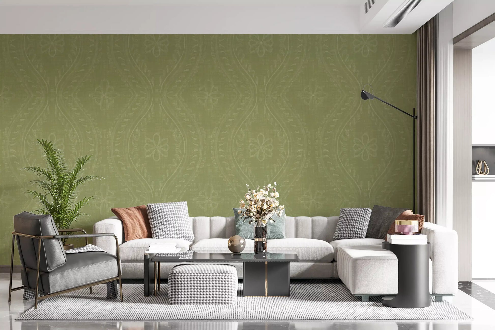 Faded Ogee Damask - Meadow Green Wallpaper⁠