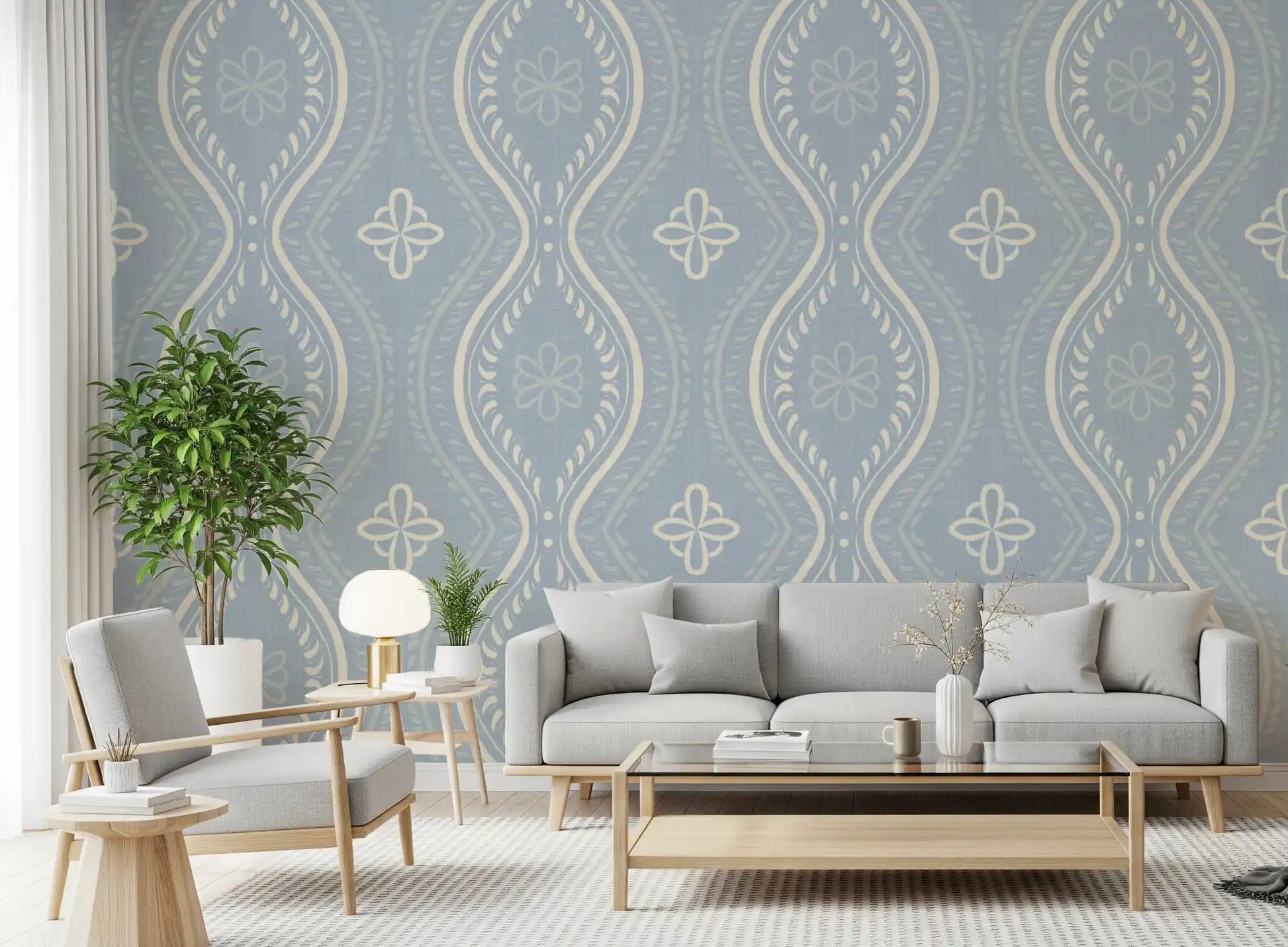 Faded Ogee Damask - French Country Blue Wallpaper⁠