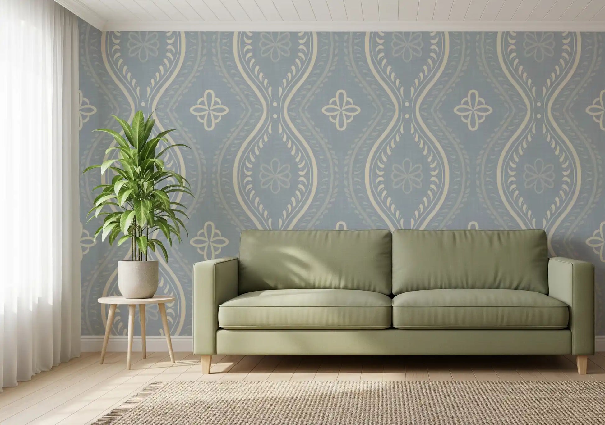 Faded Ogee Damask - French Country Blue Wallpaper⁠