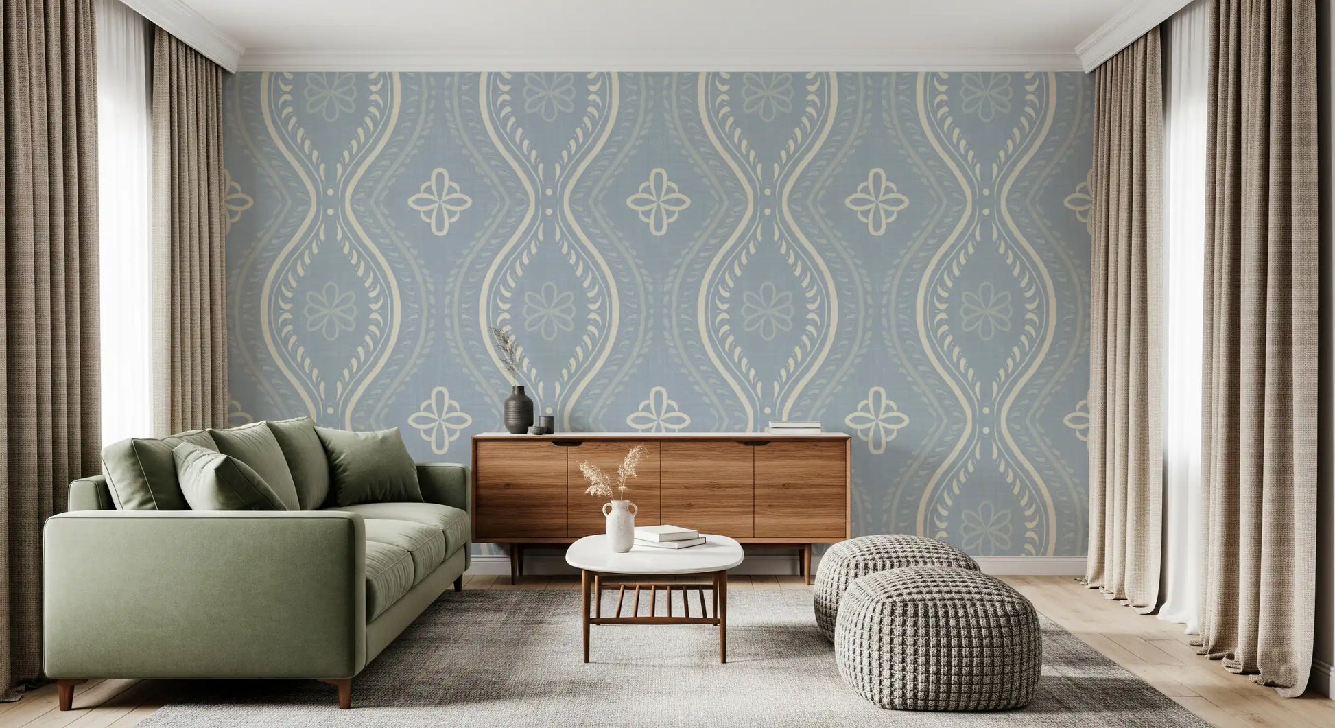 Faded Ogee Damask - French Country Blue Wallpaper⁠