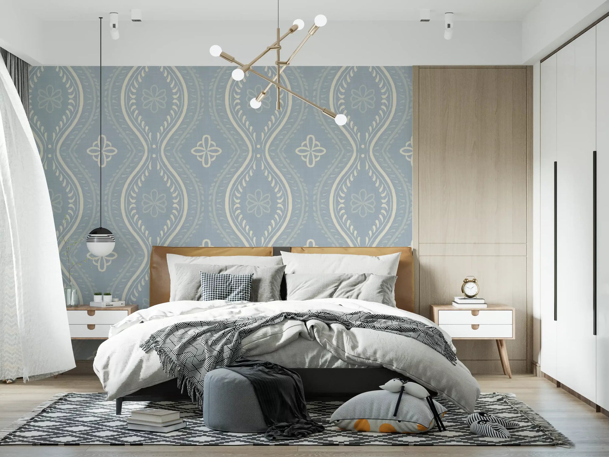 Faded Ogee Damask - French Country Blue Wallpaper⁠