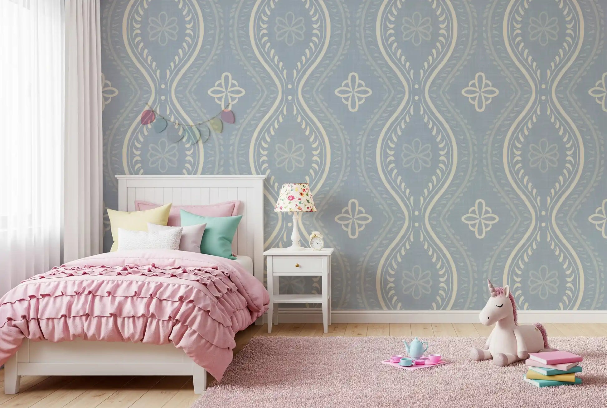 Faded Ogee Damask - French Country Blue Wallpaper⁠