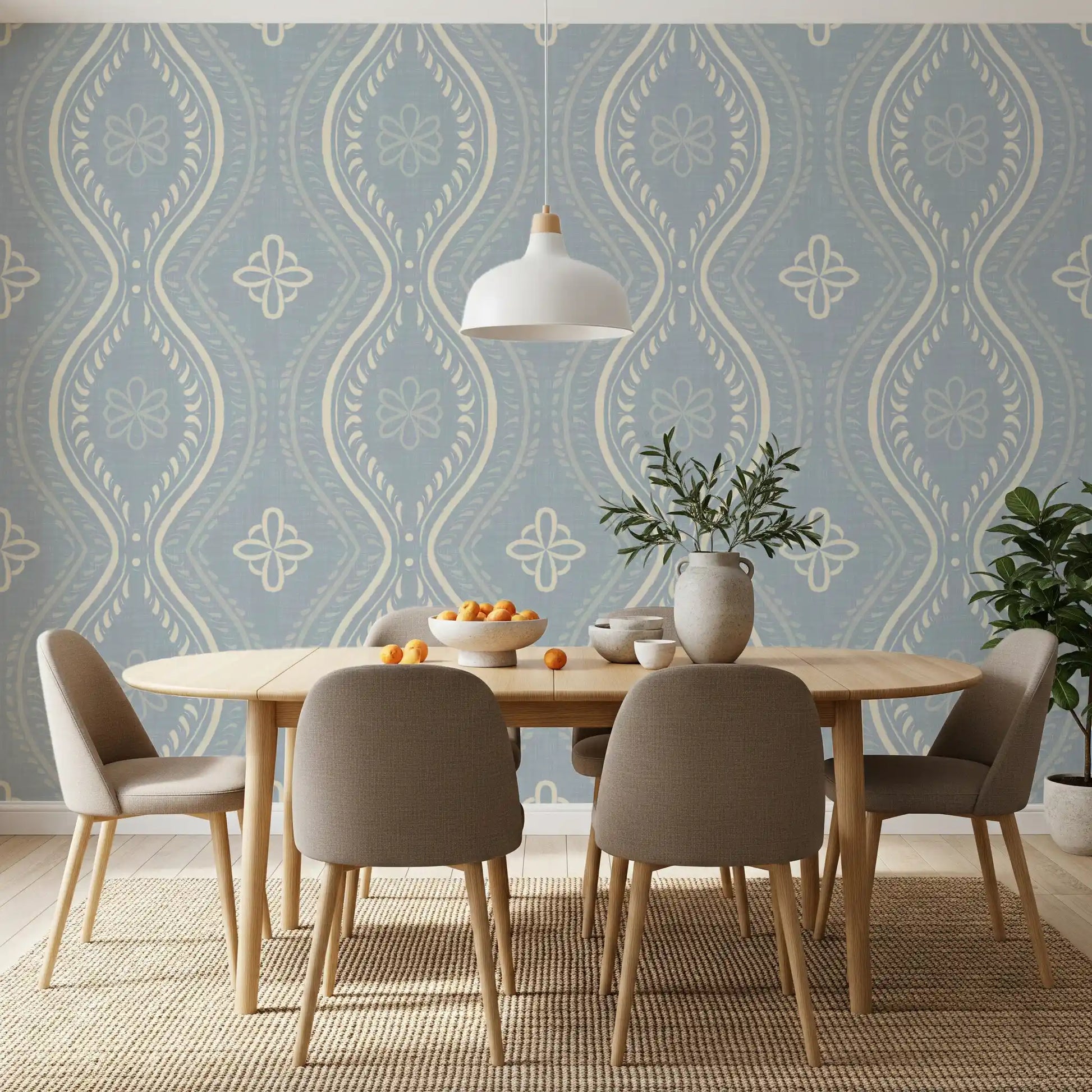 Faded Ogee Damask - French Country Blue Wallpaper⁠