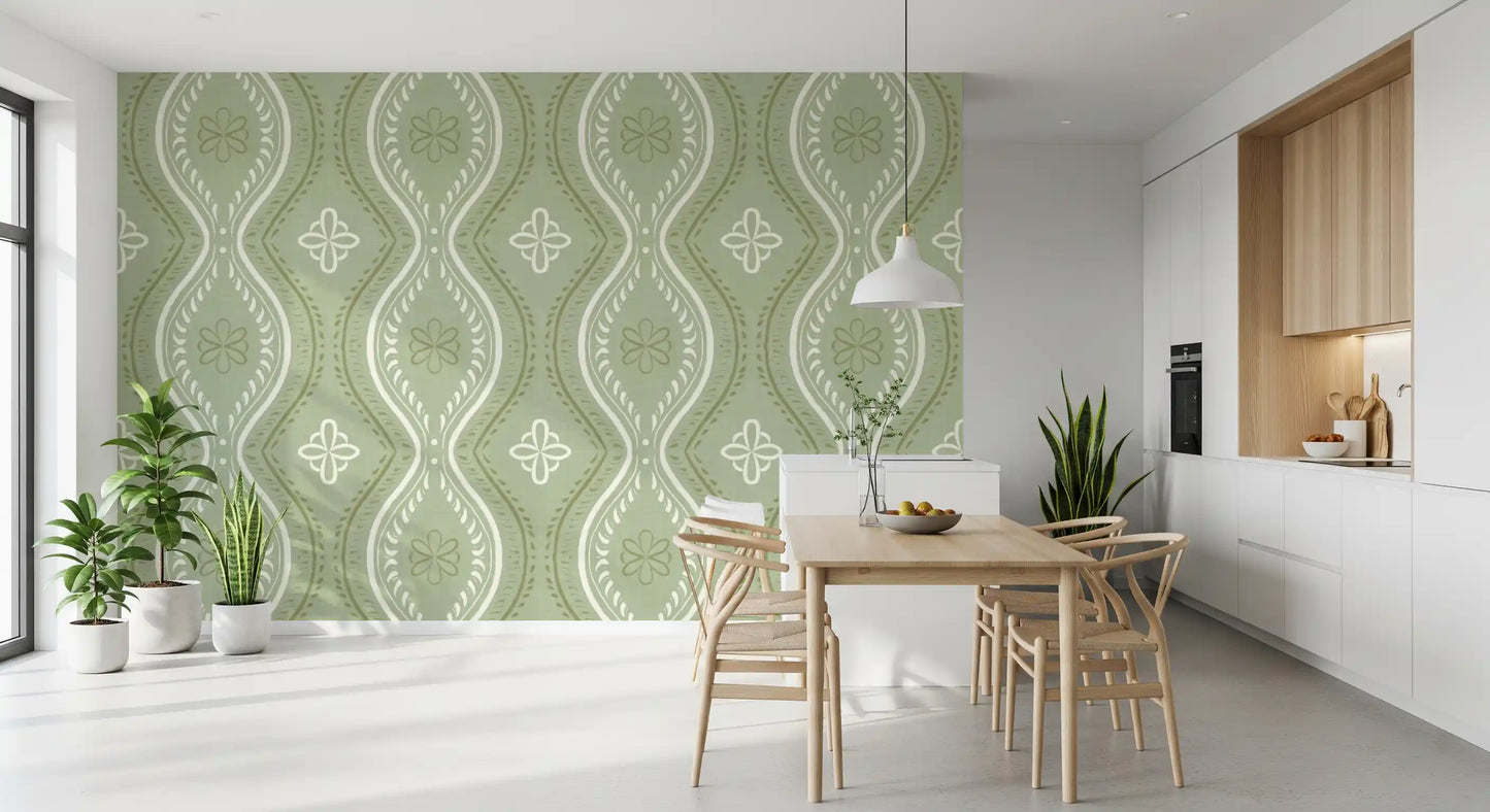 Faded Ogee Damask - Grandmillennial Green Wallpaper⁠