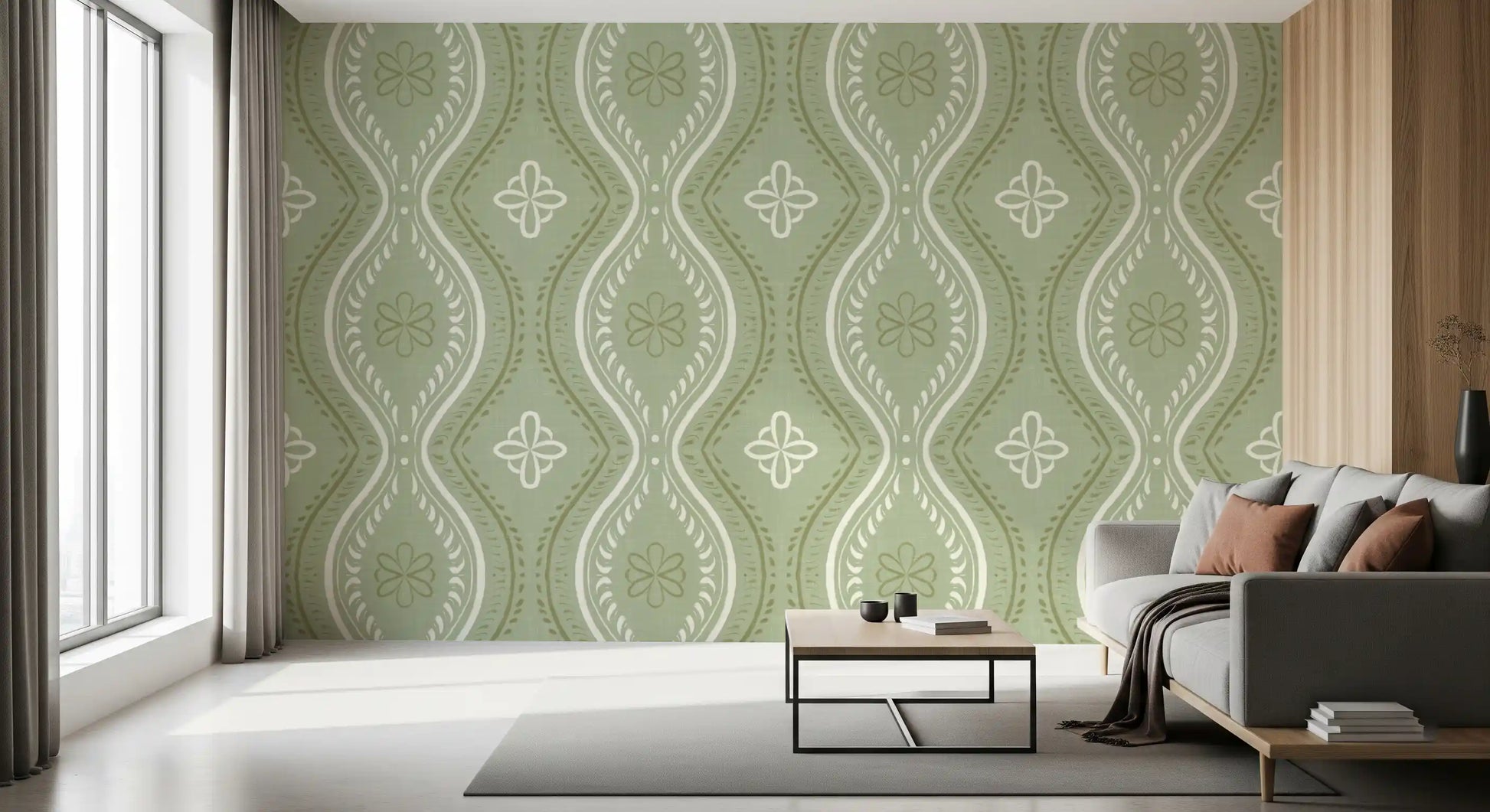 Faded Ogee Damask - Grandmillennial Green Wallpaper⁠