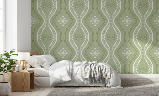 Faded Ogee Damask - Grandmillennial Green Wallpaper⁠