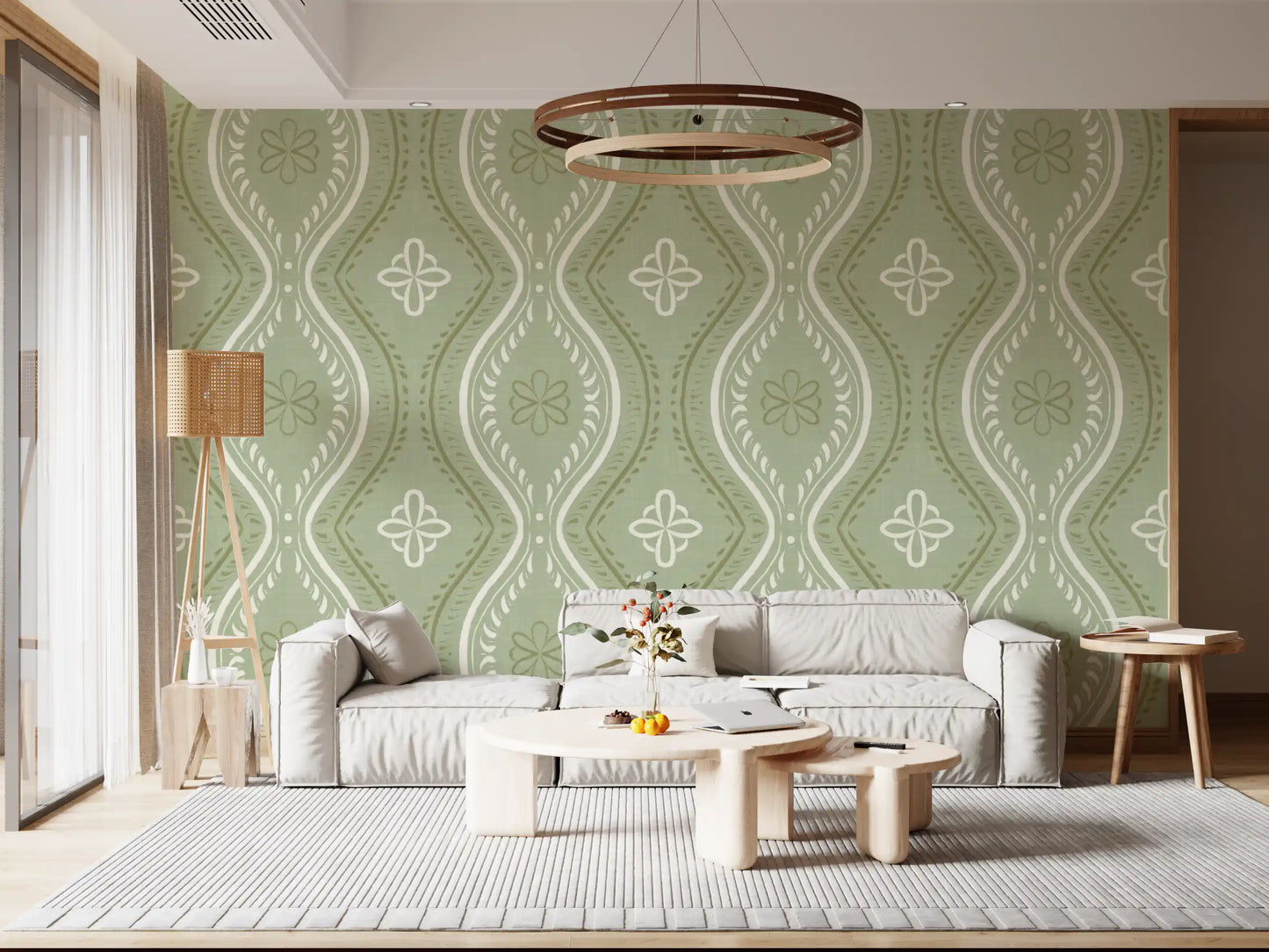 Faded Ogee Damask - Grandmillennial Green Wallpaper⁠