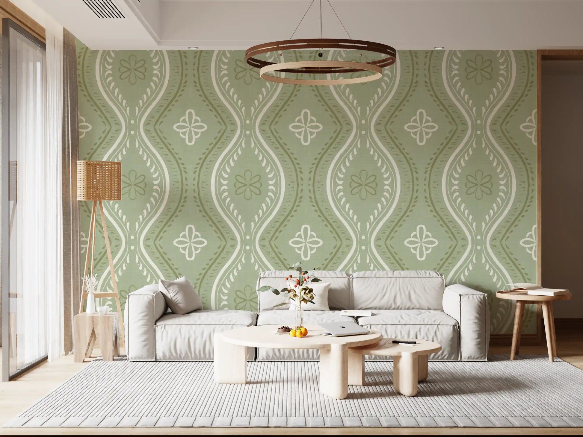 Faded Ogee Damask - Grandmillennial Green Wallpaper⁠