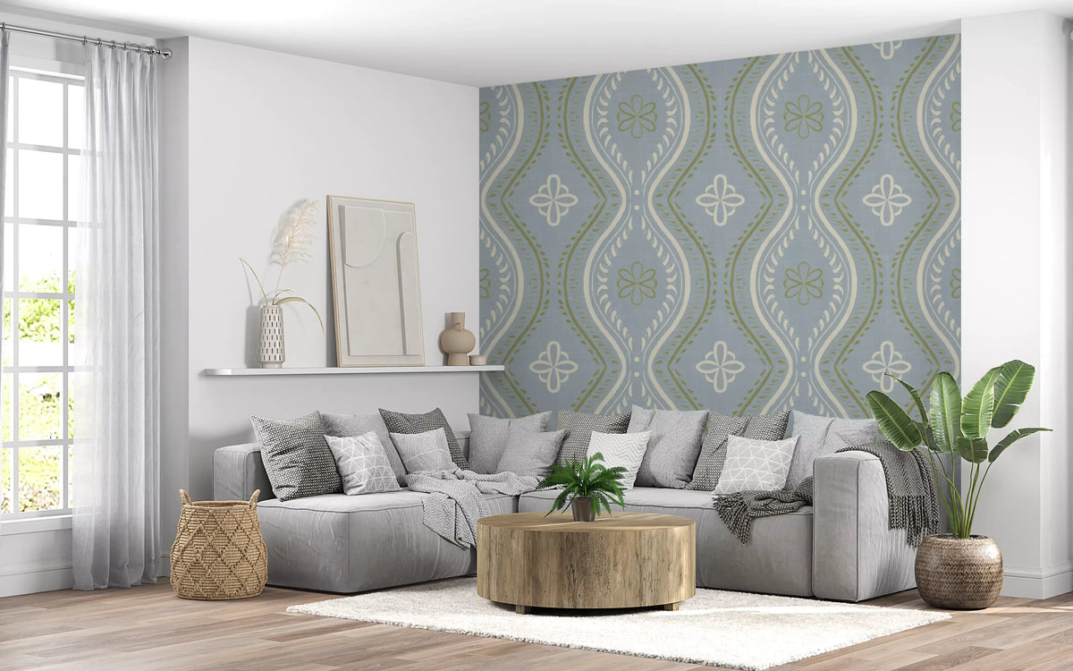 Blue ogee damask wallpaper in a living room with a grey corner sofa GD12667
