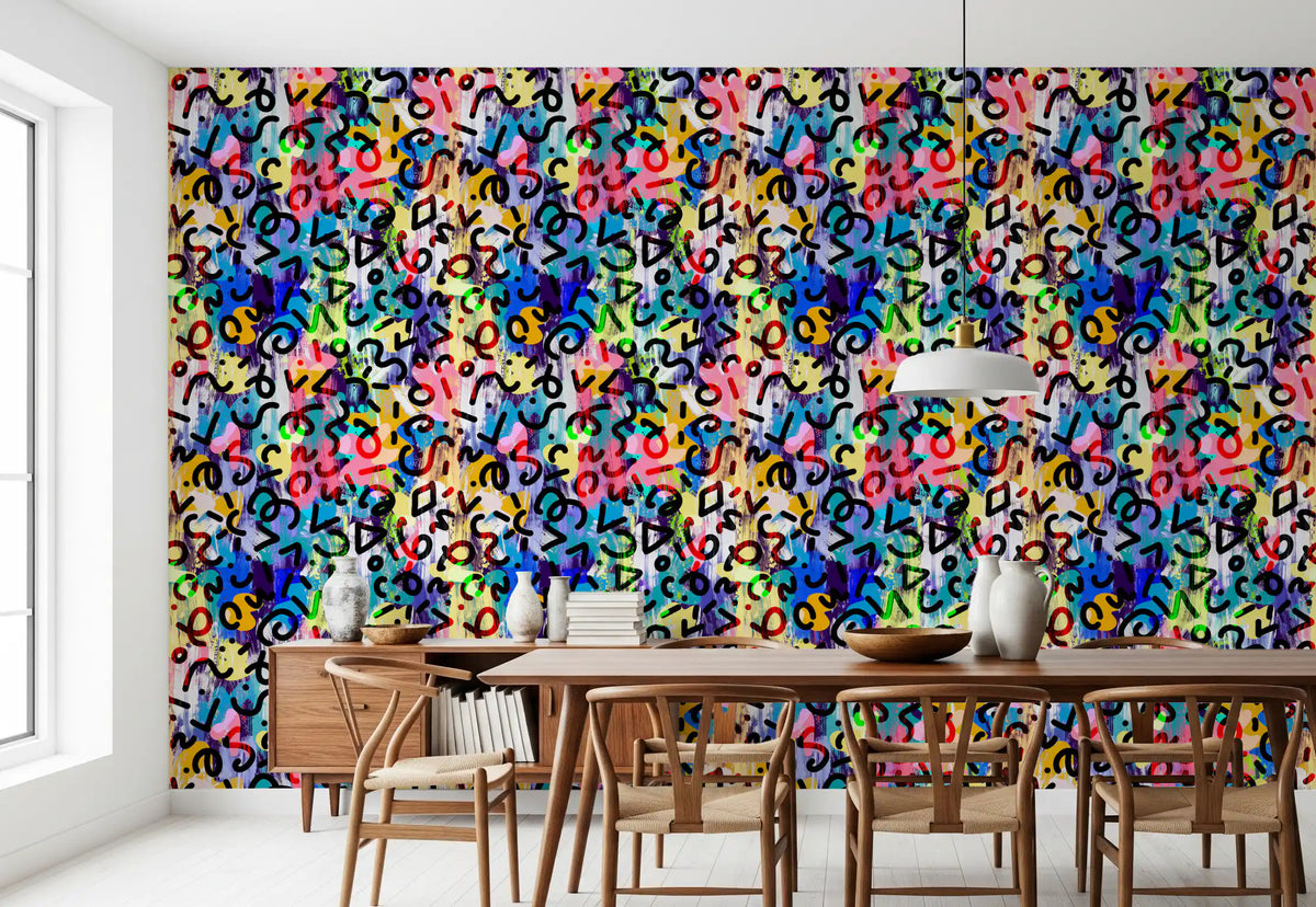 Colourful abstract brushstroke wallpaper in a dining room with a wooden table GD12668