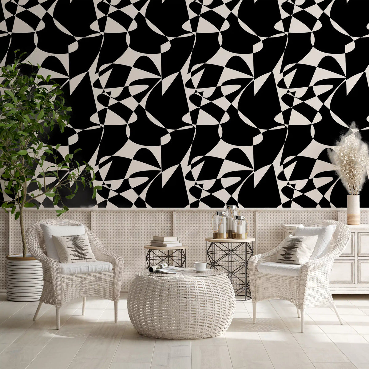 Black and white abstract wallpaper in a living room with white rattan chairs GD12670